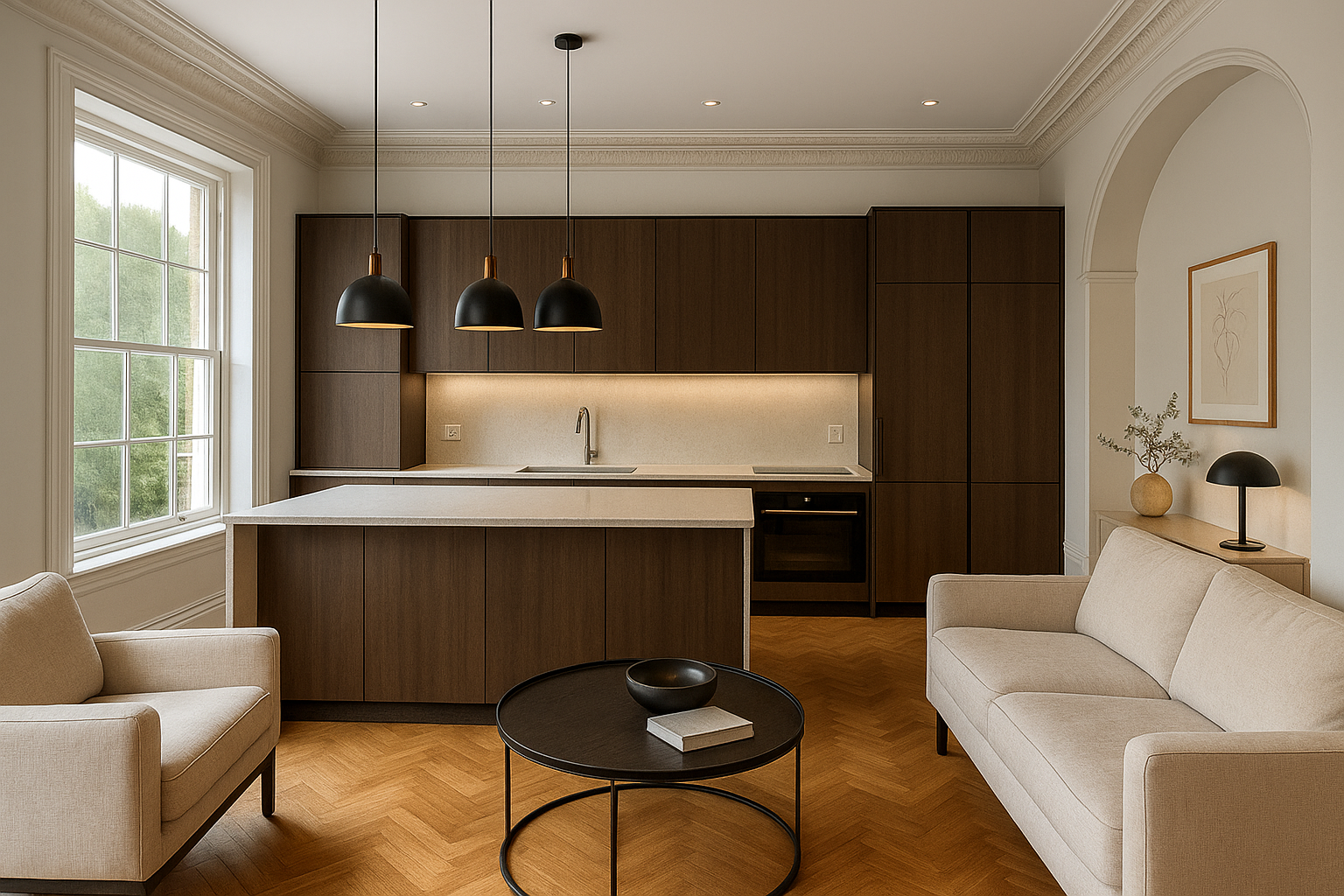 Open-plan kitchen after home renovation in West London