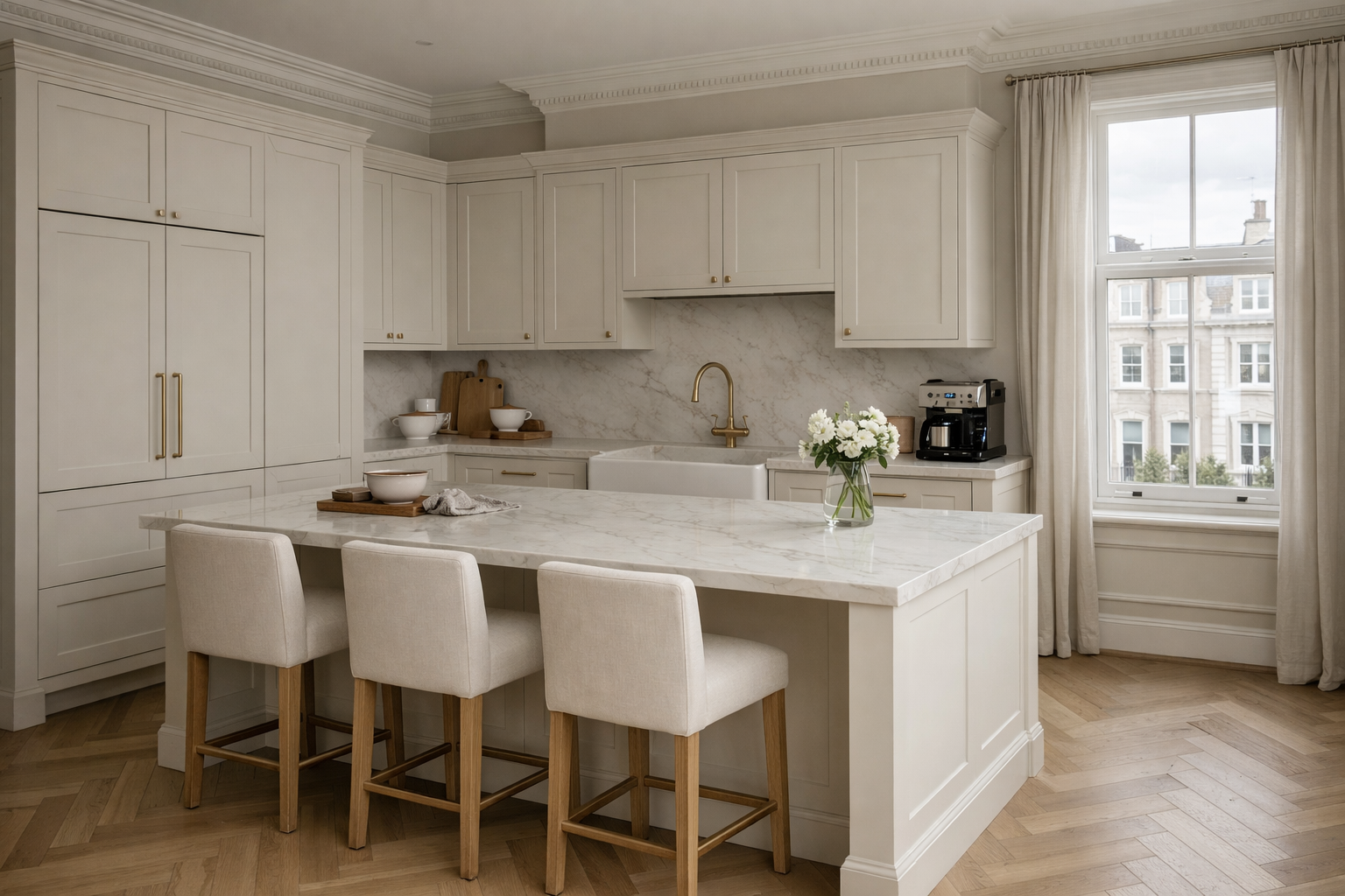 Kitchen renovation London — bespoke kitchen with marble island and herringbone flooring by Signature Build Properties