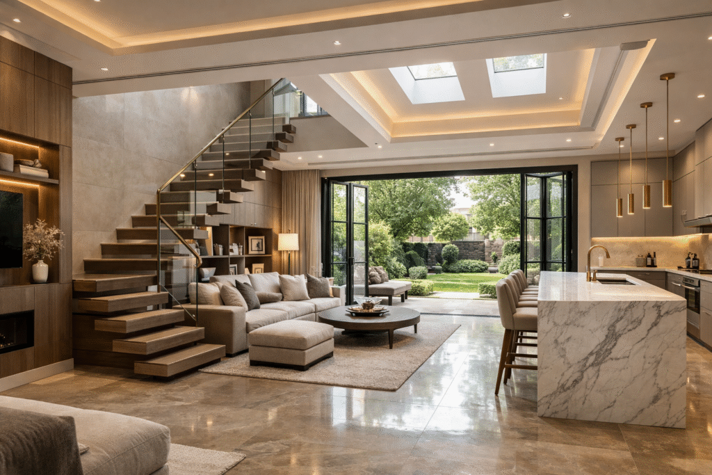 Luxury open-plan living space with floating staircase, marble kitchen island and bi-fold garden doors — Design and Build by Signature Build Properties