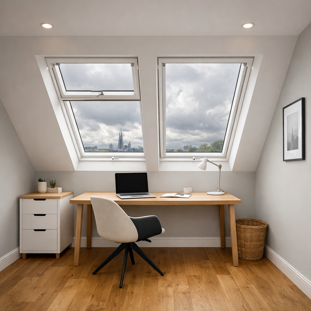 Loft conversion London — Velux loft conversion bedroom with London skyline view by Signature Build Properties