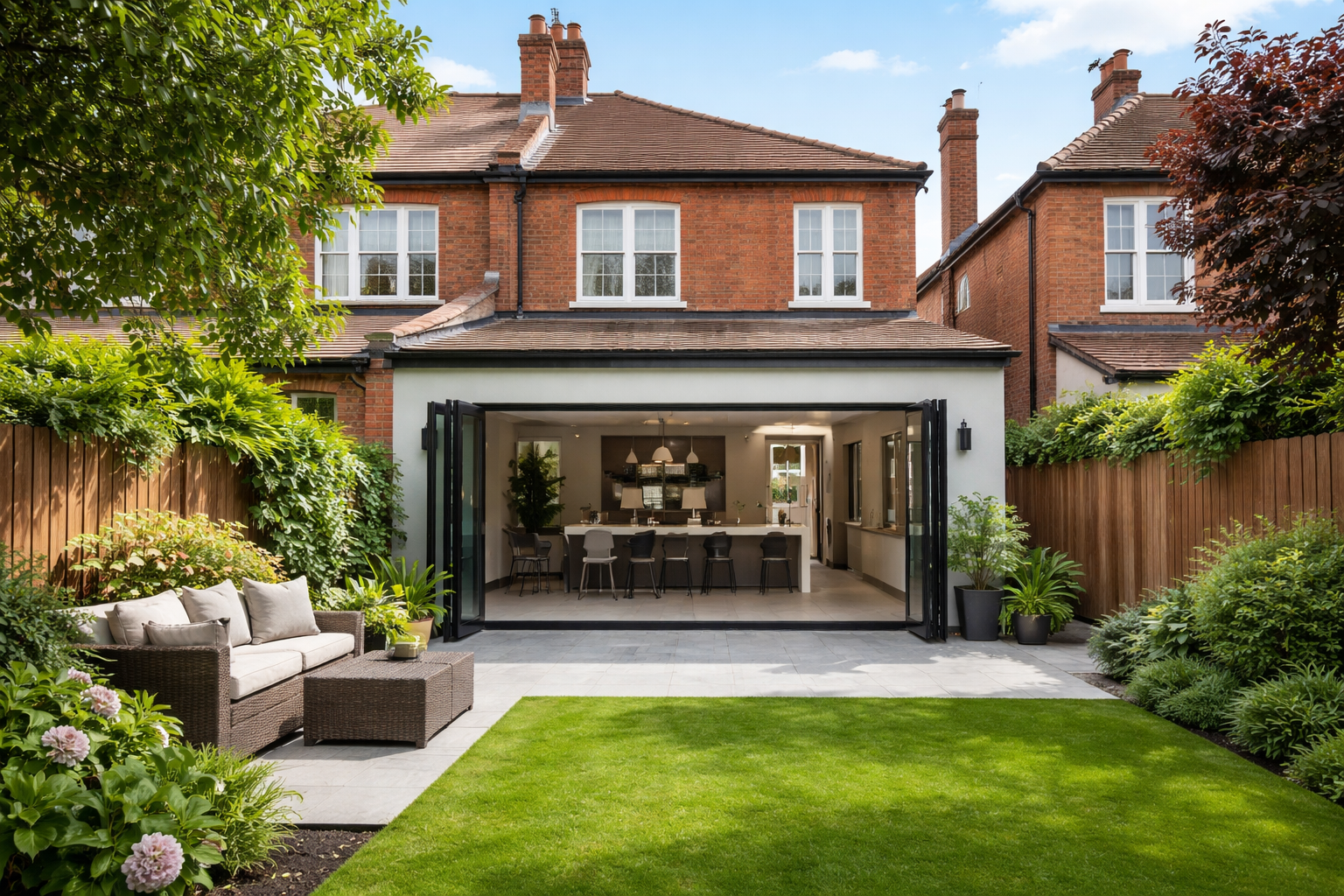 Rear house extension with bifold doors opening onto a landscaped garden in London