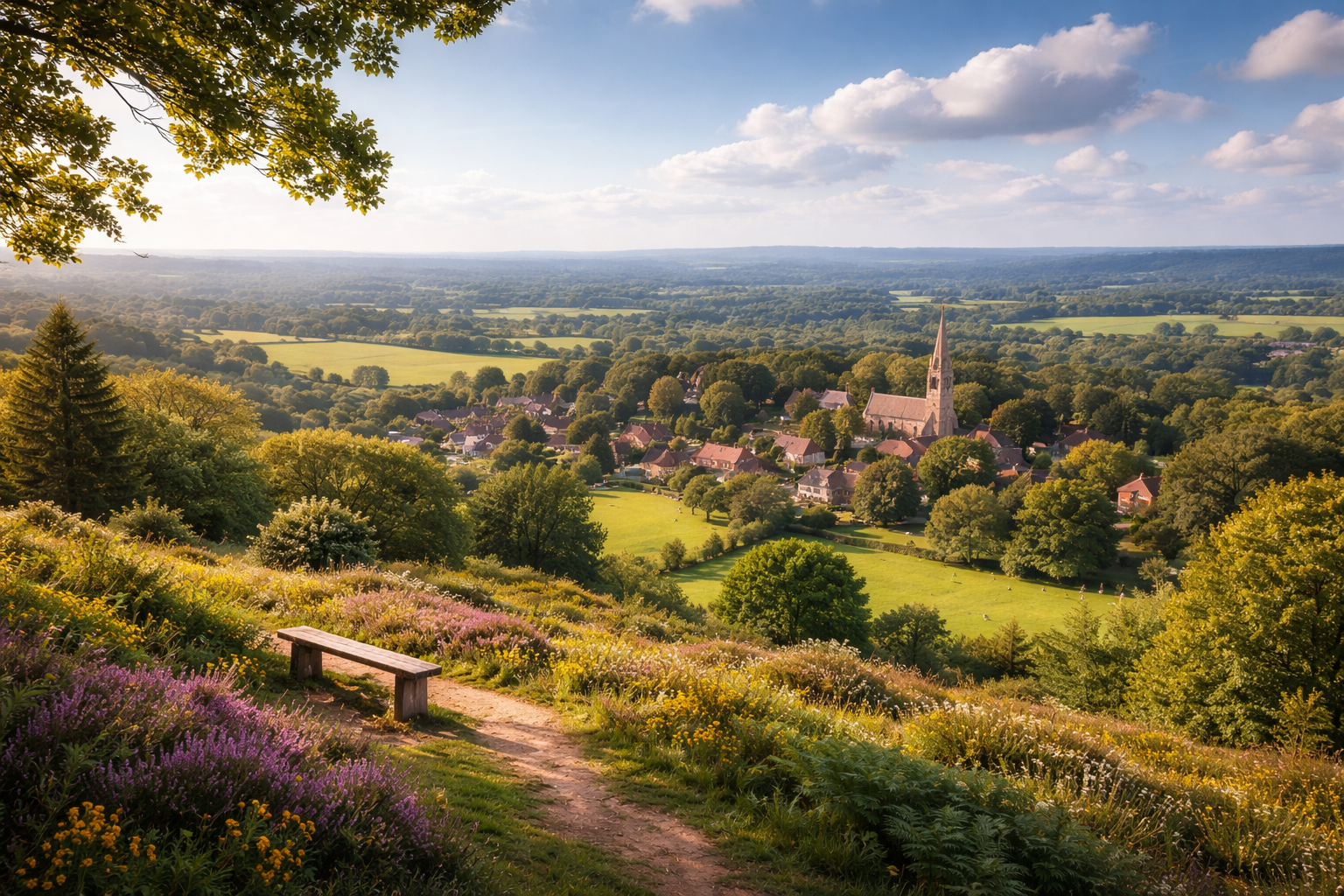 Construction company Surrey — Surrey countryside village with church spire and rolling green hills by Signature Build Properties