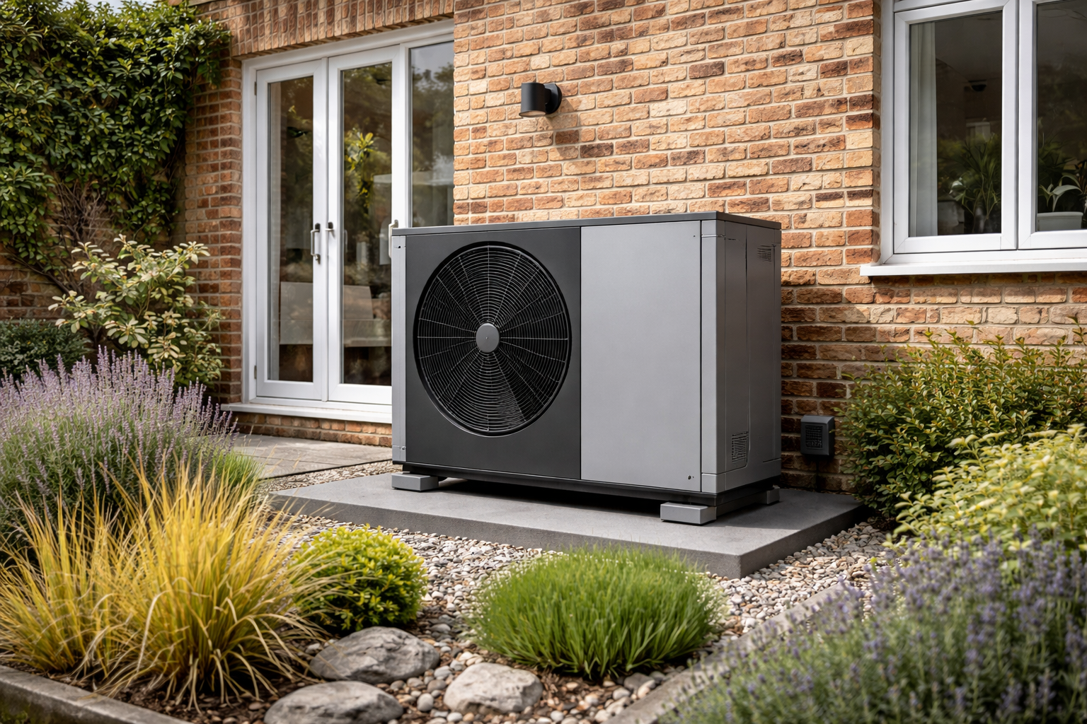 Air source heat pump installed on the exterior of a London terraced house