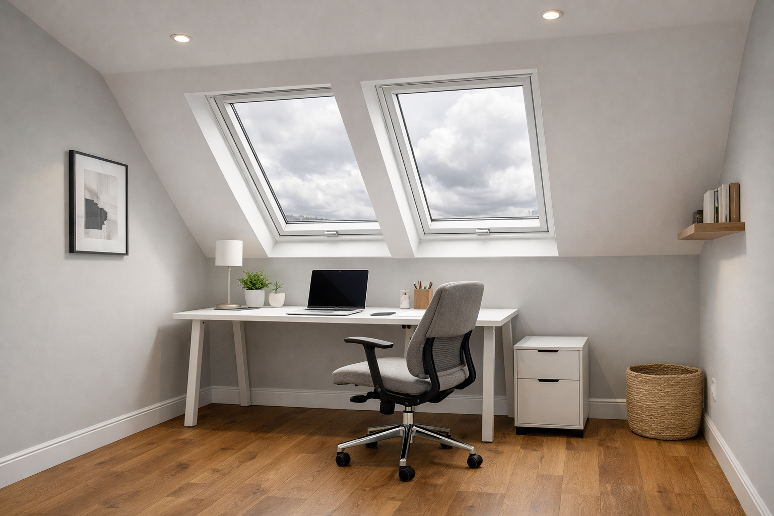 Loft conversion London home office with Velux skylights and oak flooring by Signature Build Properties