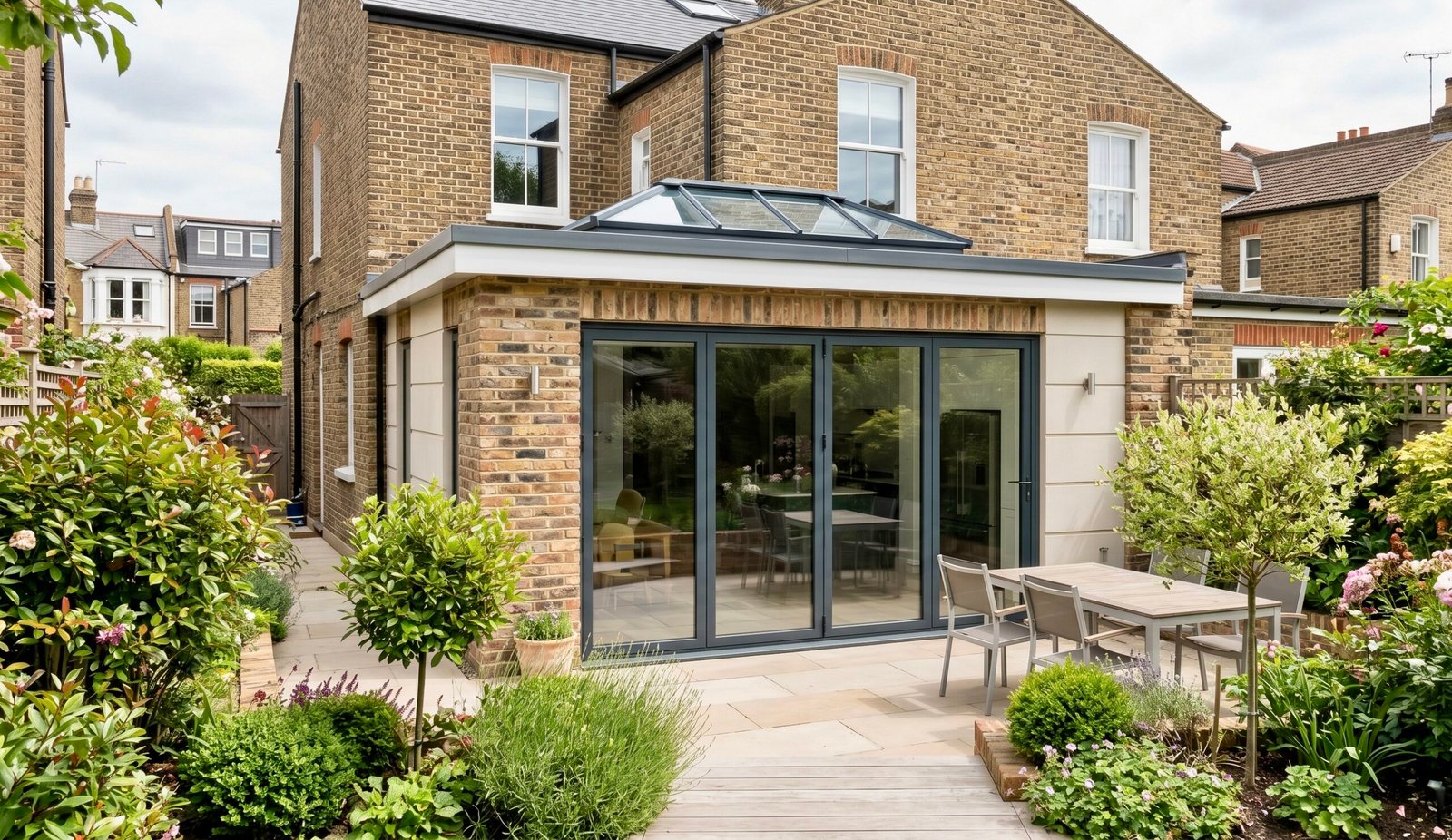 Open-plan single storey rear extension with bifold doors and roof lantern in West London, built by Signature Build Properties