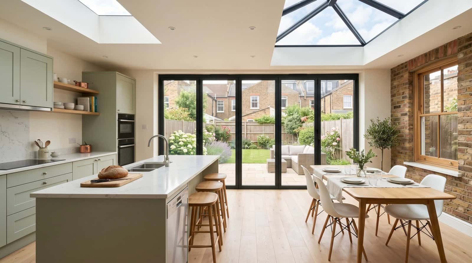 Bright side-return kitchen extension in Richmond upon Thames with full-width bifold doors and a glass roof lantern, built by Signature Build Properties