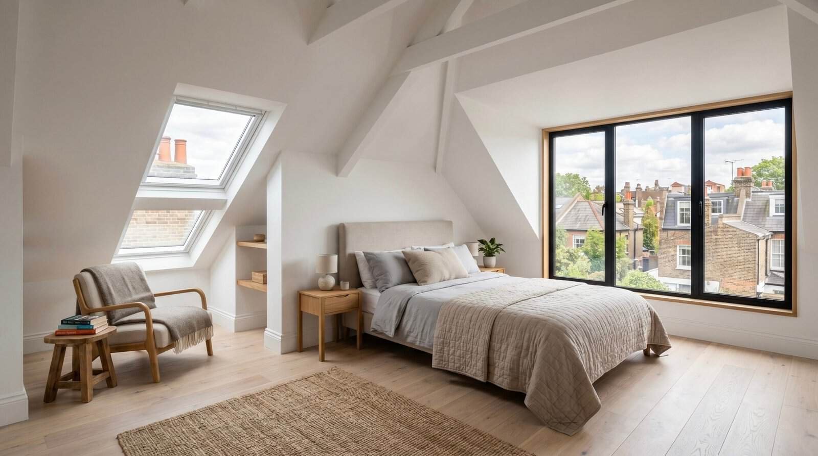 Finished loft conversion in Richmond upon Thames — bright dormer loft bedroom with Velux rooflights and views over London rooftops, built by Signature Build Properties