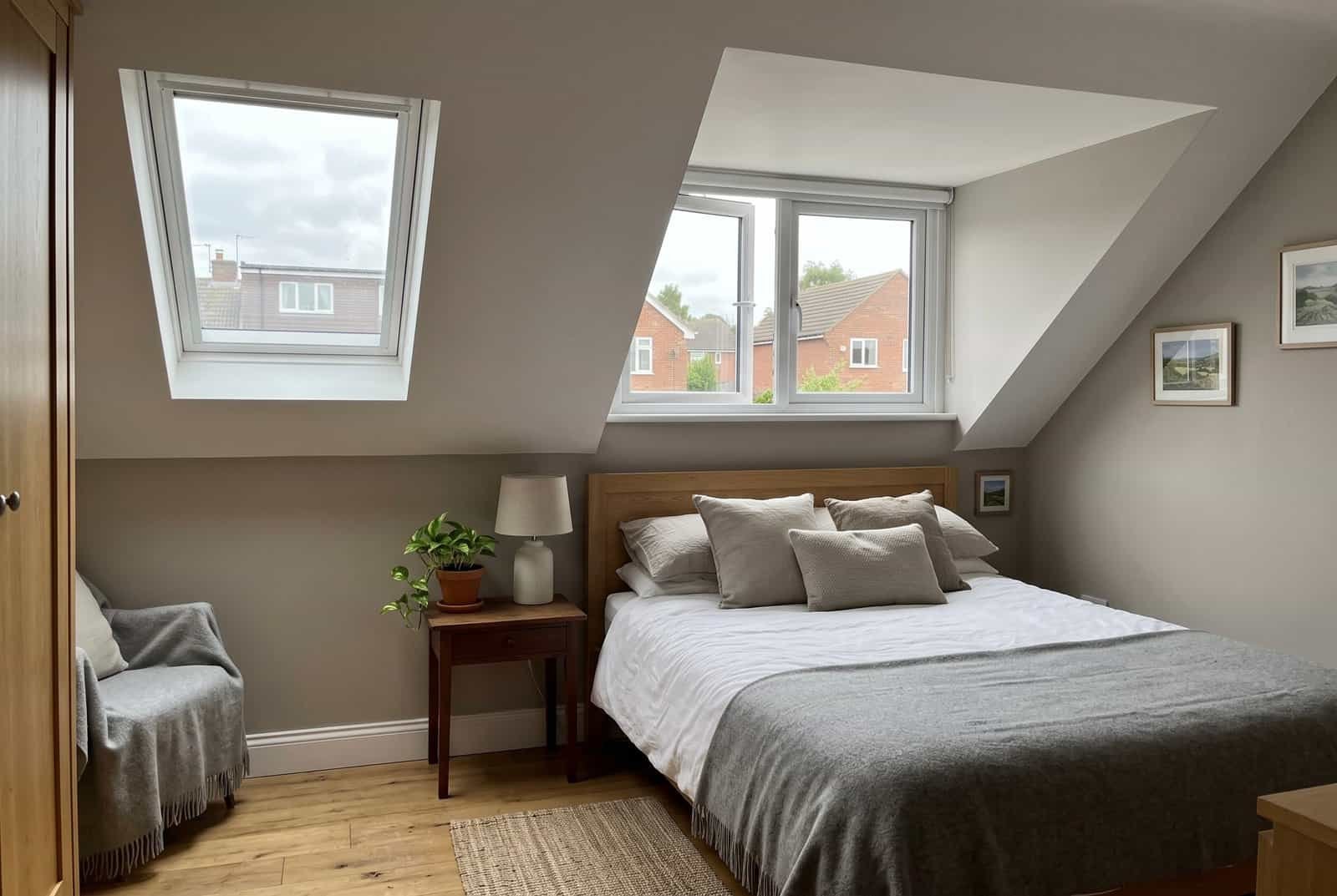 Finished dormer loft conversion master bedroom in London with dormer window and Velux skylight