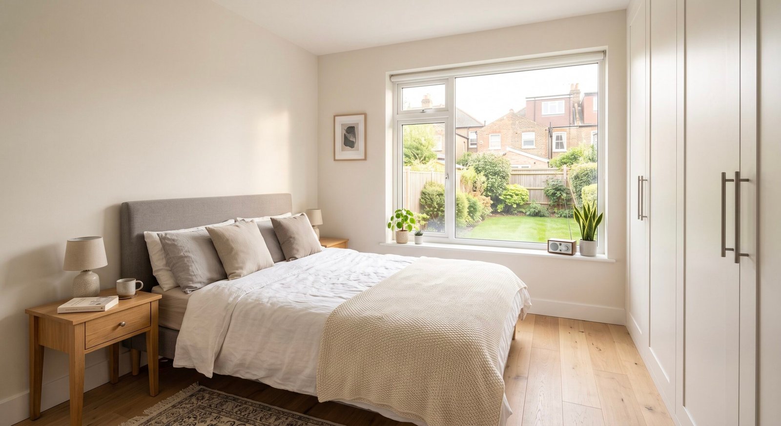 Finished double storey extension in London: a bright new bedroom above an open-plan kitchen-diner, with matching brick and roofline outside