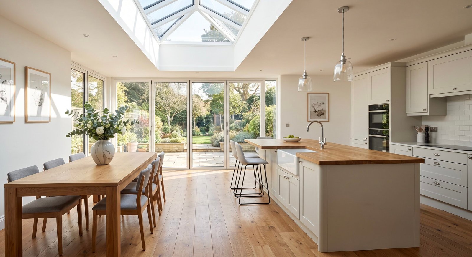 Modern flat roof single storey rear extension in London with a large roof lantern flooding the kitchen diner with daylight