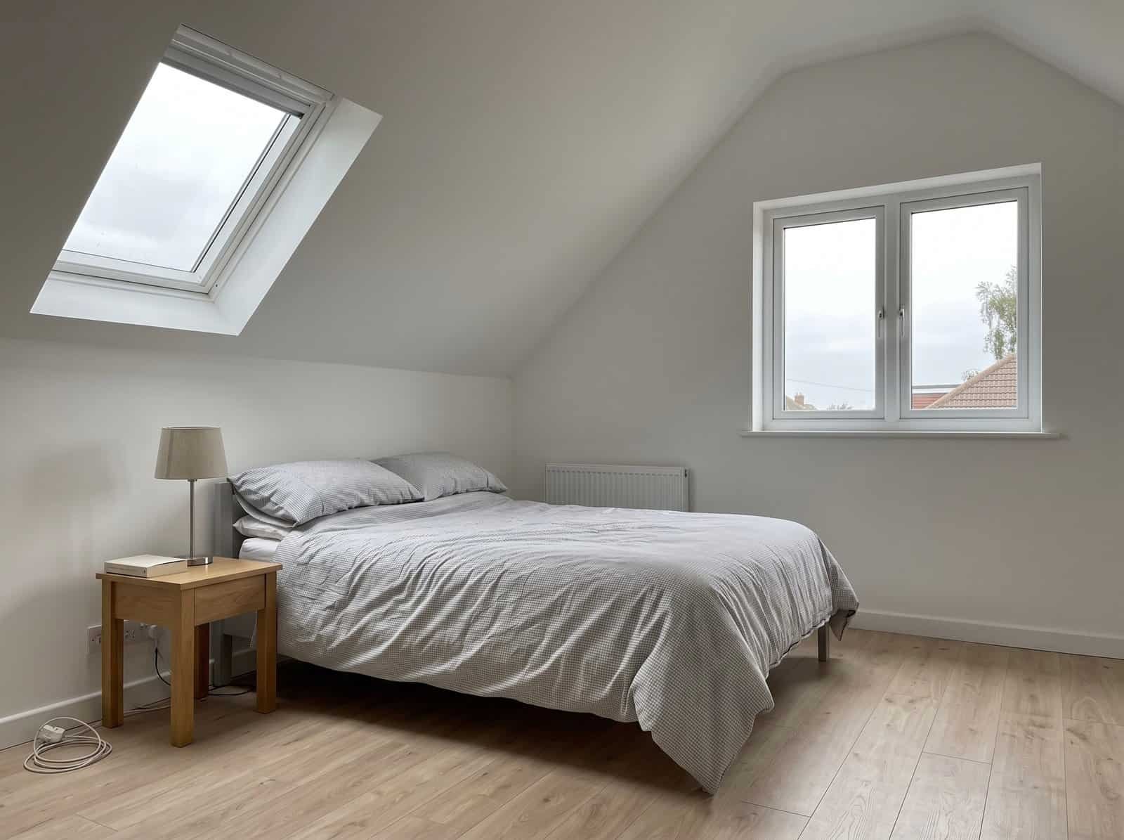 Finished hip-to-gable loft conversion bedroom in London with a full gable-end window and a Velux skylight in the sloping ceiling