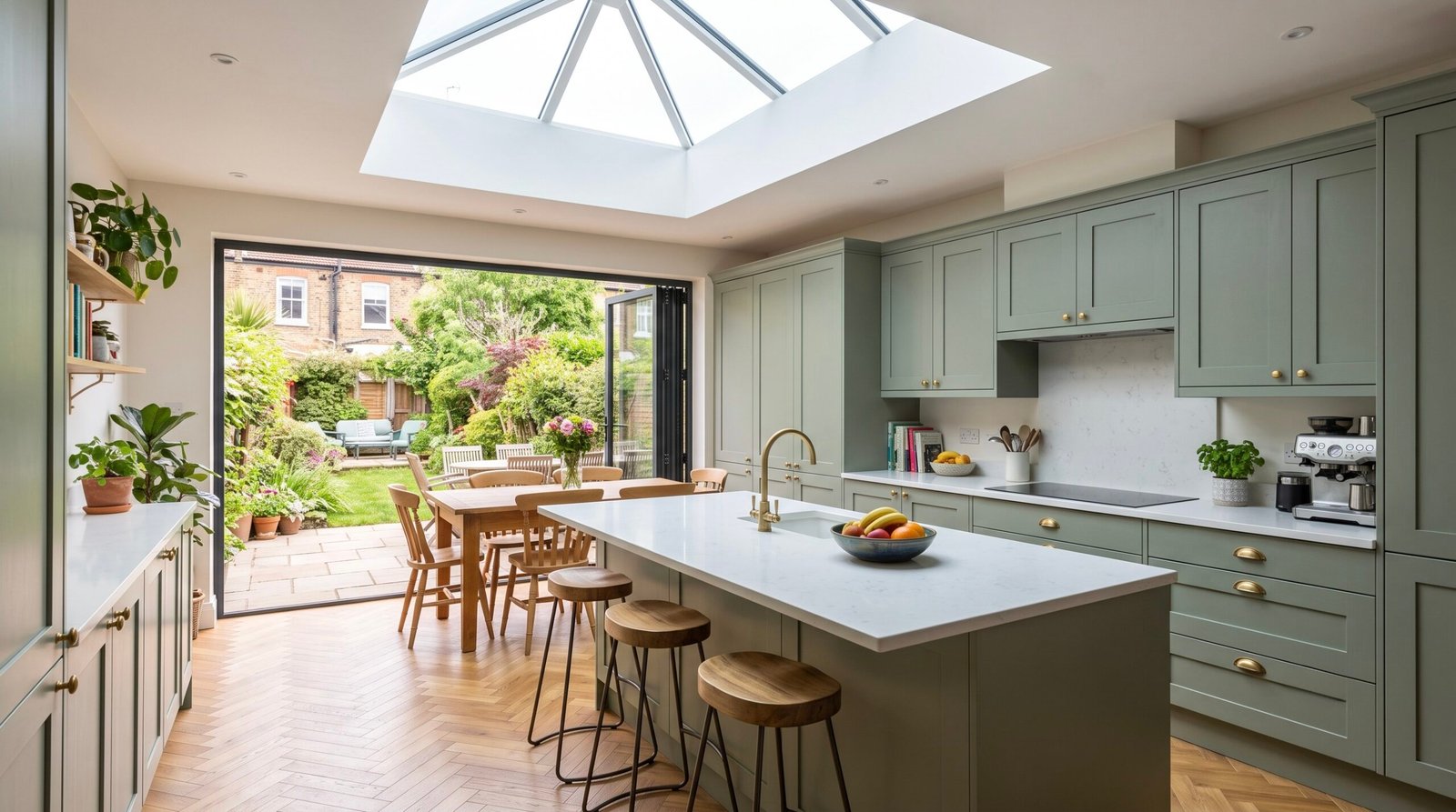 Finished kitchen extension in London: an open-plan kitchen-diner with island, roof lantern skylights and bifold doors opening onto the garden
