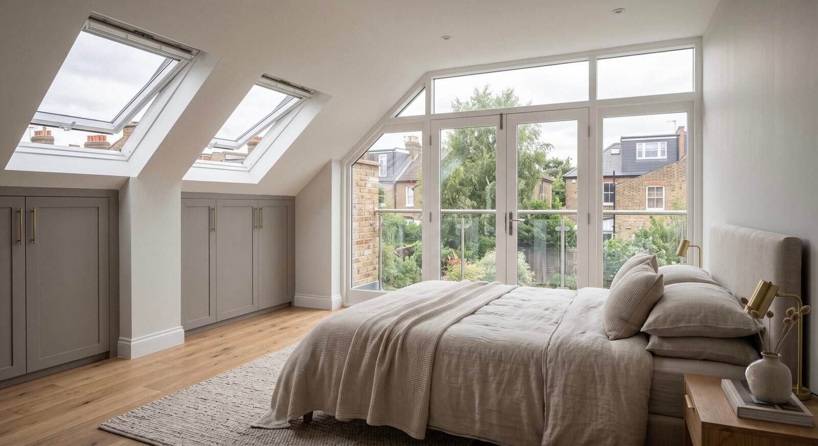 Finished dormer loft conversion bedroom with ensuite access and Juliet balcony in West London