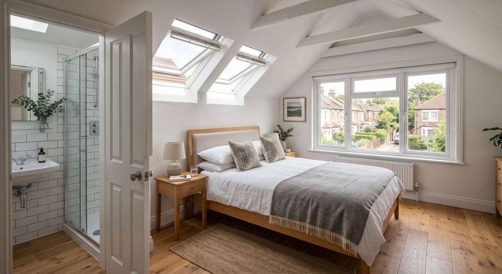 Loft conversion in Ealing: a rear dormer loft conversion on an Edwardian terrace creating a bright bedroom with en-suite