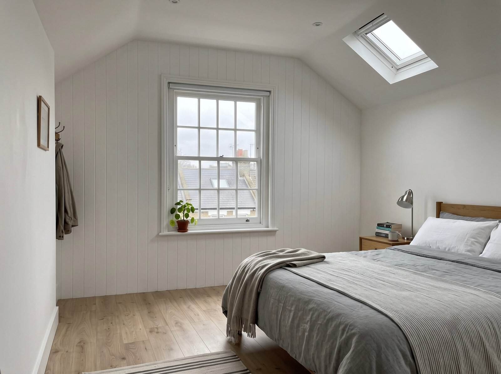 Finished mansard loft conversion bedroom in London with a near-vertical mansard wall, sash window and a Velux skylight