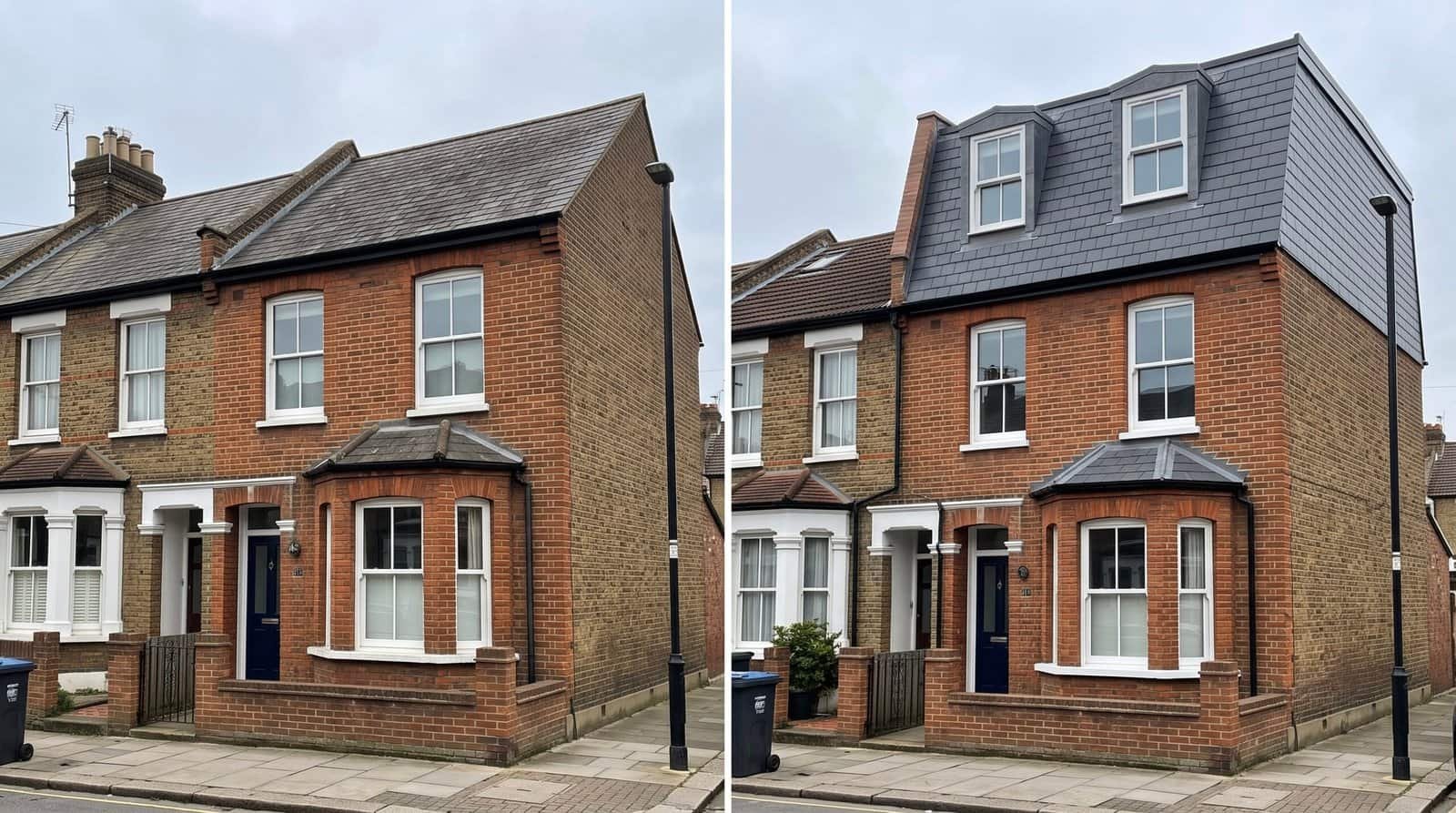 Before and after of a London end-of-terrace mansard loft conversion — original pitched roof squared into a slate mansard with sash dormers