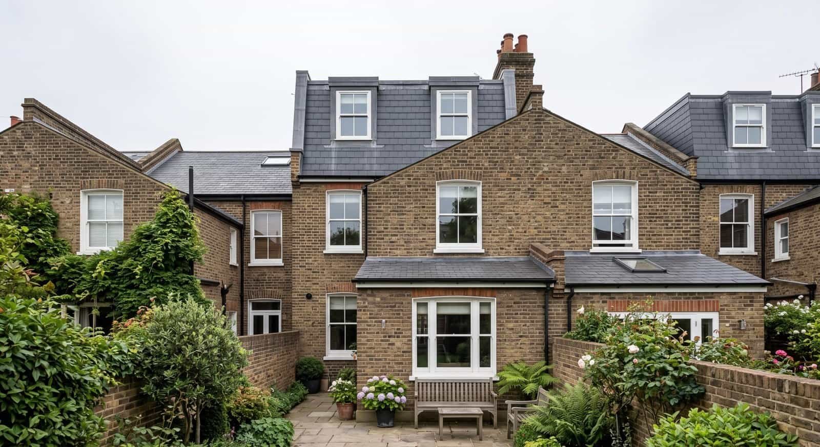 Mansard loft conversion with slate cladding and sash windows on a period London terrace