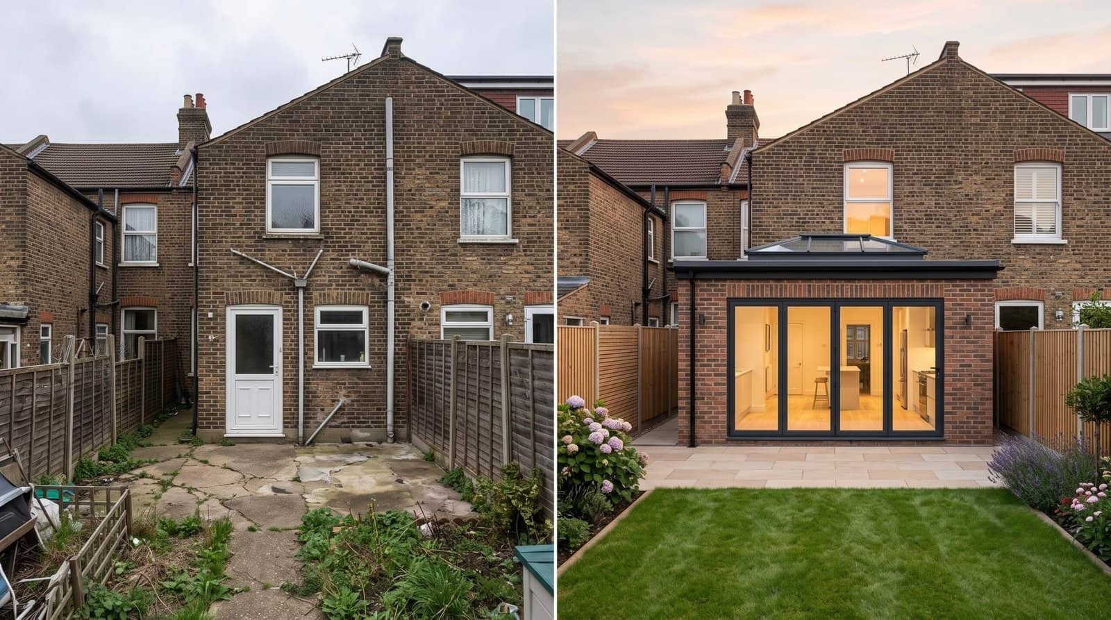 Before and after of a rear extension in London: the original rear of a terraced house next to the finished 3-metre single-storey rear extension with roof lantern and bifold doors