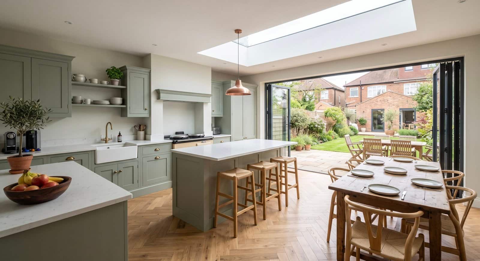 Finished rear extension in London: a large open-plan kitchen-diner with a flat roof, roof lantern and bifold doors opening onto the garden