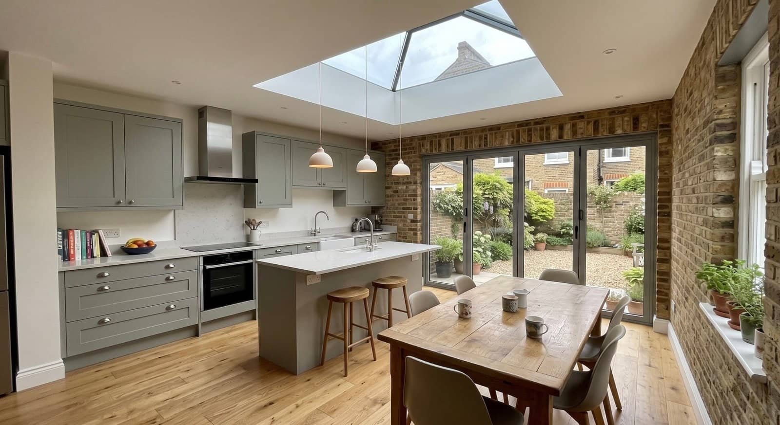 Finished side return extension in London: a bright open-plan kitchen-diner with a roof lantern and bifold doors onto the garden