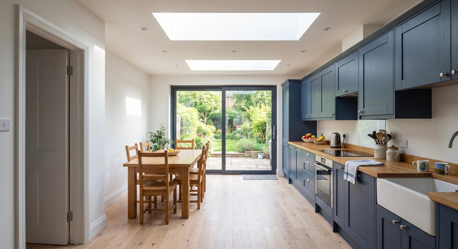 Finished single-storey extension in London: a bright open-plan kitchen-diner at garden level with rooflights and doors opening onto the garden