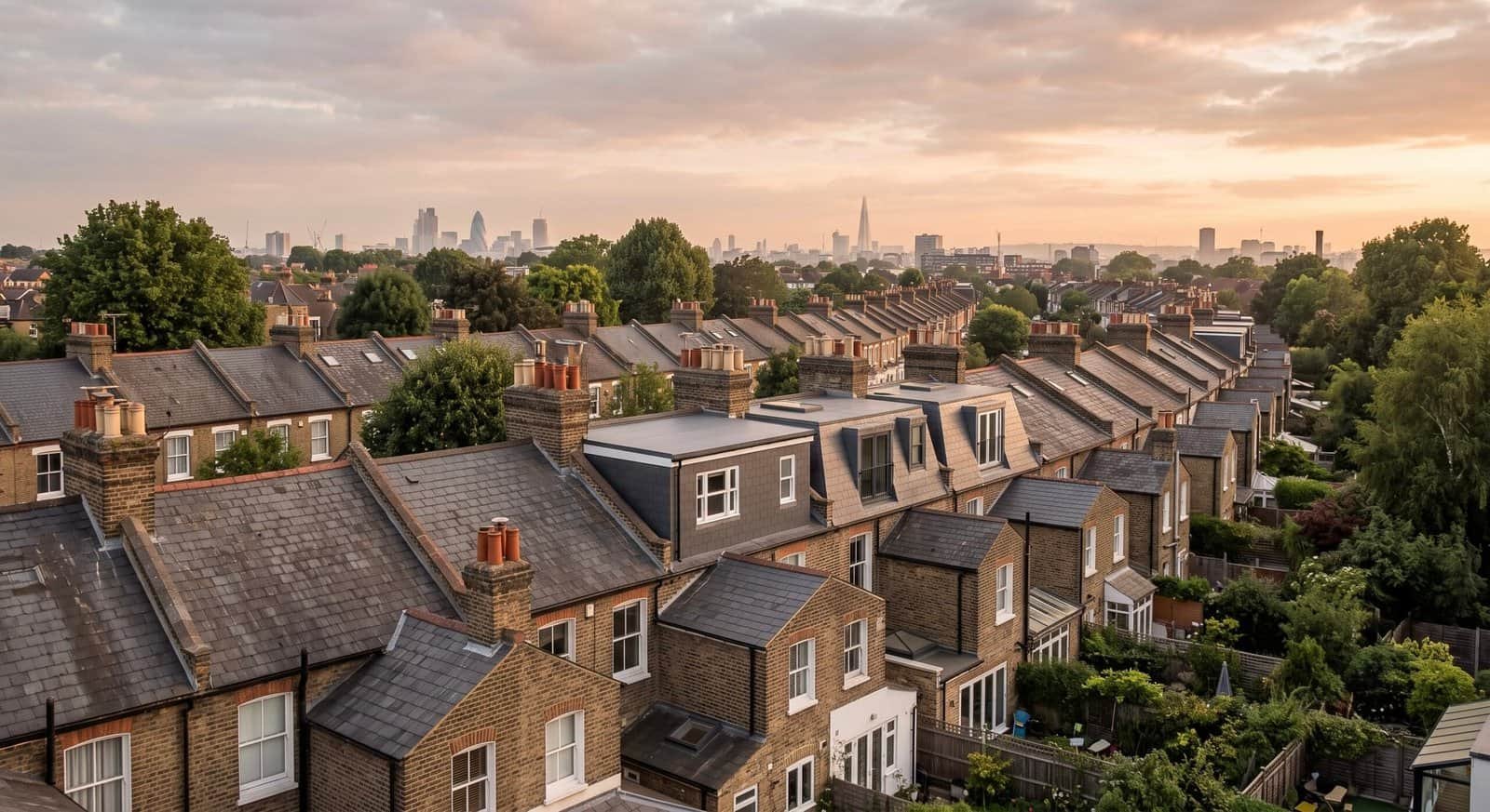 Different types of loft conversion visible across a row of Victorian terraced rooftops in West London