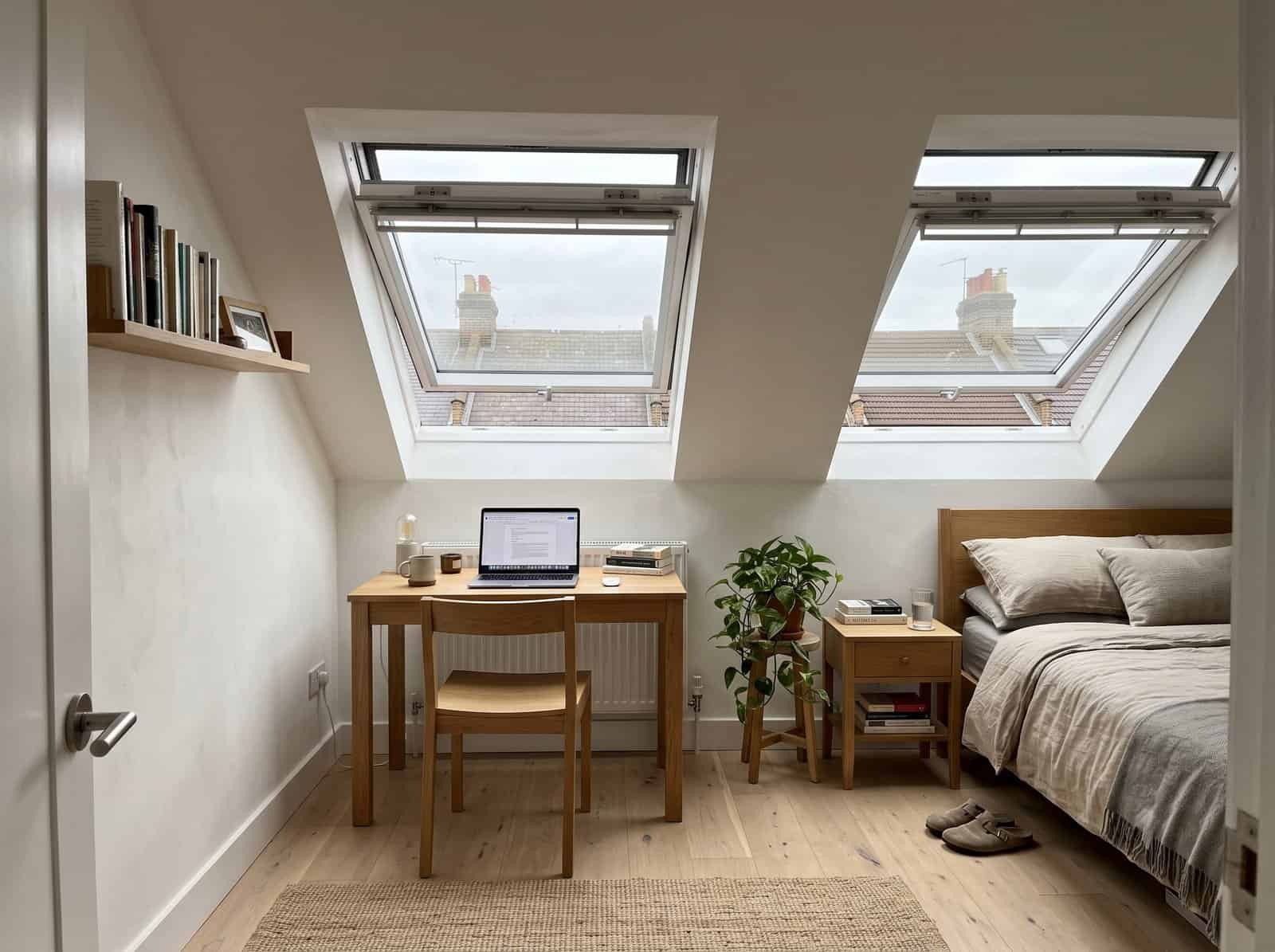 Finished Velux loft conversion in London with two roof windows in the sloping ceiling, used as a bright bedroom and home office