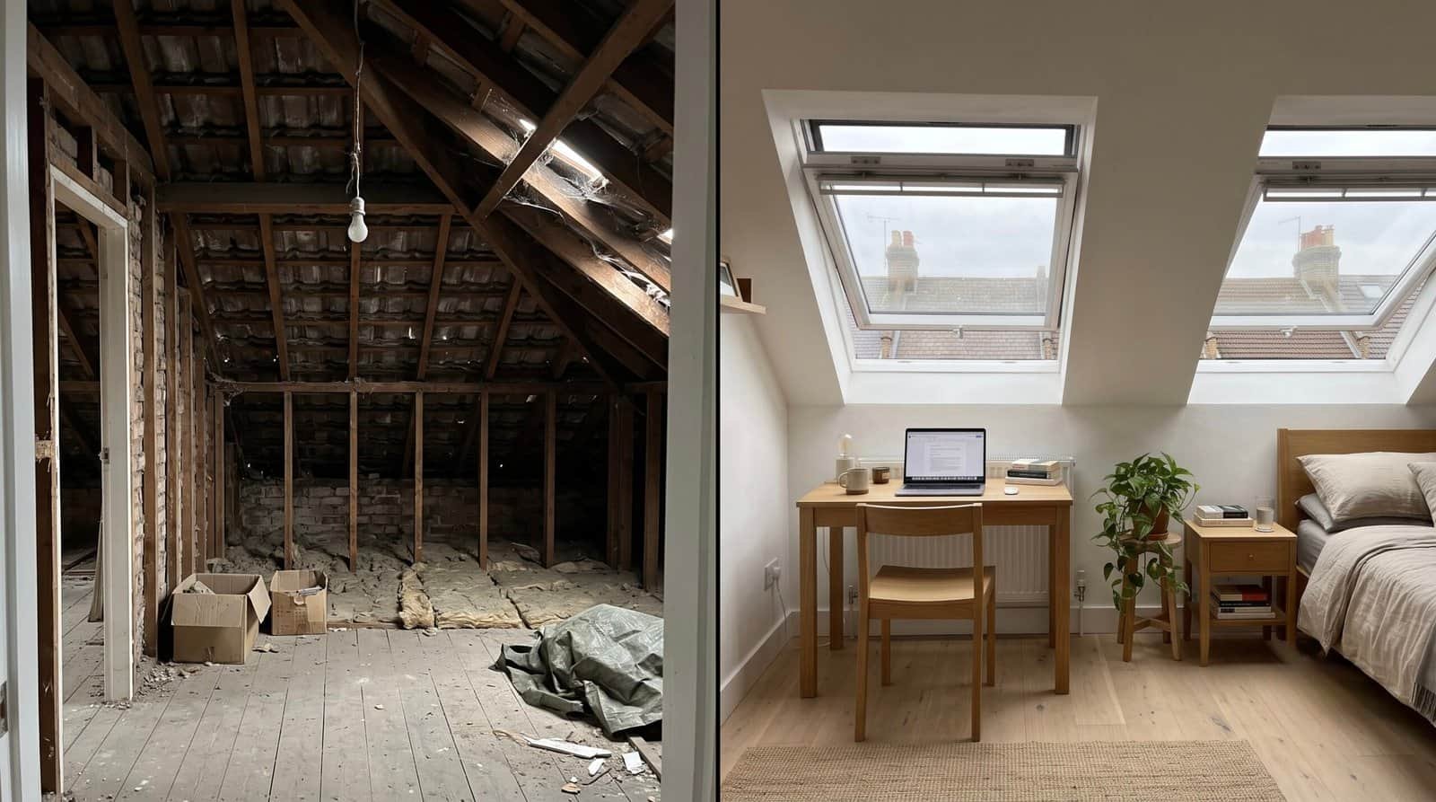 Before and after of a London Velux loft conversion — a bare unconverted loft transformed into a bright room with roof windows
