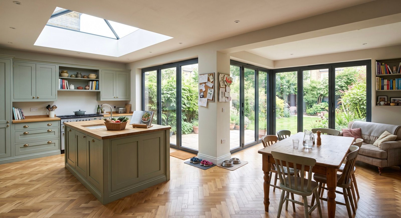 Finished wrap-around extension in London: a large L-shaped open-plan kitchen-dining-living space with roof lantern, corner glazing and bifold doors onto the garden